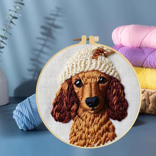 Punch Needle Kits Dachshund Dog Wear Hat 20x20cm-1