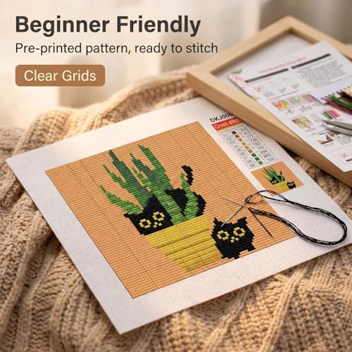 Black Cat Stamped Cross Stitch Kits for Beginners Adults with Framed - color: DKJ006