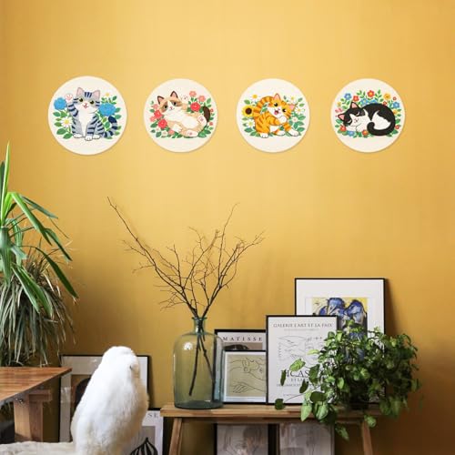 INFUNLY 4 Sets Cute Cat Embroidery Kits for Adults Flowers DIY Cross Stitch Starter Kit with Instructions Kitten Wildflowers Needlepoint Kits with Embroidery Cloth Colored Threads Hoops Tools