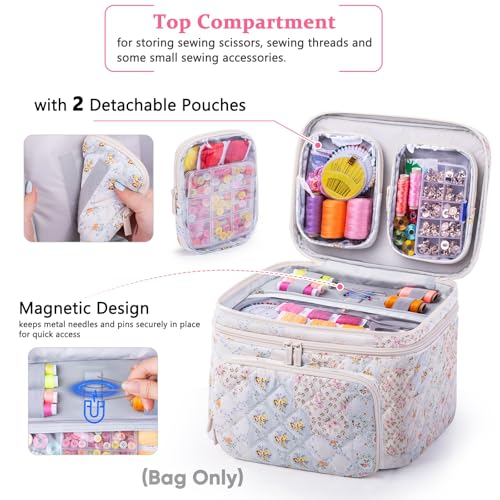 AMOIGEE Large Sewing Basket with 2 Detachable Pouches & Removable Dividers - color: Flower Patchwork