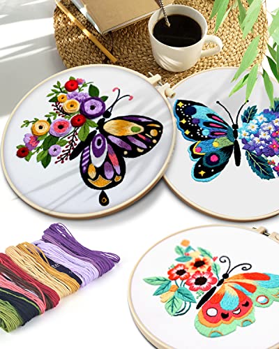 TINDTOP 3 Sets Embroidery Stitch Practice kit, Butterfly Flower Embroidery Kit for Beginners Include Cloth Hoops Threads for Craft Lover Hand Stitch with Embroidery Skill Techniques - color: Butterfly (with 1 Hoop)