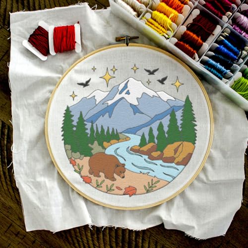 19Pcs Bear Flowers Water Soluble Hand Sewing Stabilizers, 8.3"x11.7" Cute Bear Mountain Forest Embroidery Pattern Stabilizer, 4 Sheets Animal Stick and Stitch Embroidery Paper Sticker