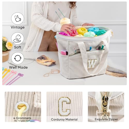Initial Personalized Crochet Tote - Corduroy Yarn Storage - Holder for Crochet Hooks, Accessories, Project Bag - size: F