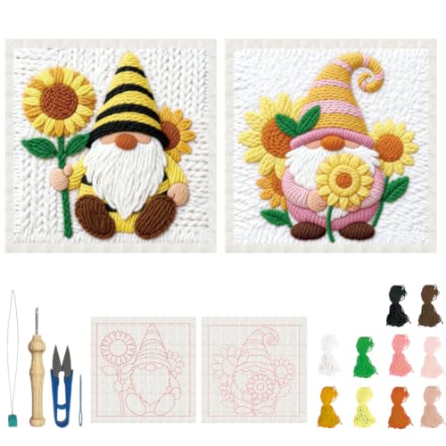 BEUNITONE 2 Pcs Gnome & Sunflowers Punch Needle Kits for Adults Beginner - color: 06-Sunshine Dwarf