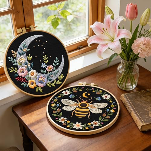 ERKOON Embroidery Kit for Beginners Adult, 2 Set Flower Cross Stitch Set Include Embroidery Cloth Hoops Threads for Craft Lover Hand Stitch with Embroidery Skill Techniques (Bee Moon) - color: Moon and Bee