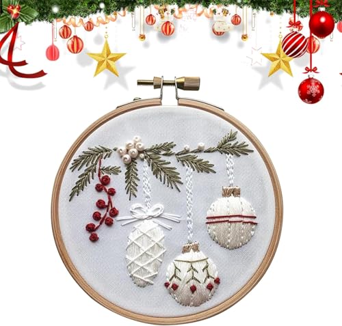 RUIQLXHANG Christmas Embroidery Kit, Christmas Gnomes Embroidery Kits for Beginners with Pattern, Cotton Threads, Needles, Instruction, 20cm Hoop, Gift for Mom, Grandma (Holly Bauble) - color: Holly Bauble