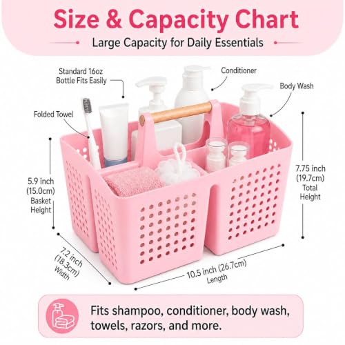 Portable Shower Caddy Basket with 3 Compartments and Handle, Caddy Pink - color: Caddy Pink