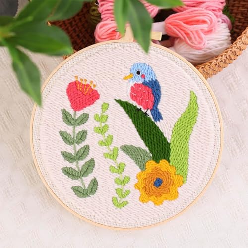 Woohome Punch Needle Kit Included Plastic Hoops, Punch Needle Cloth, Color Yarn and Punch Needle Tools for Adults, Beginners (Butterfly, Dragonfly and Bird) - color: Color 33
