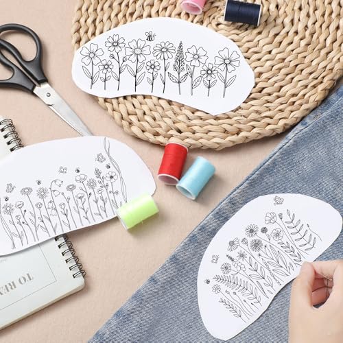 Floral Water Soluble Embroidery Patterns, 4 Sheets Stick and Stitch Embroidery Papers Wash Away, Pre-Printed Flower Designs Transfer Paper Customized Gifts for Hand Sewing Lovers Beginners - size: Flower Cluster