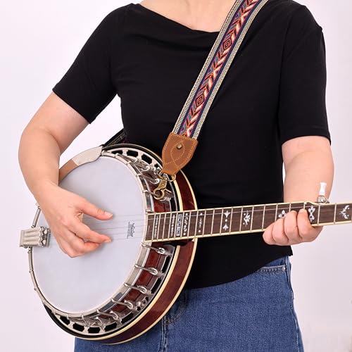 Nefelibata Banjo Strap,2"Wide Double Crazy Horse Leather Jacquard Embroidery Strap Adjustable Replacement,Multi-pattern Strap With Metal Clips - color: A#-ethnic Style Embroidery Orange