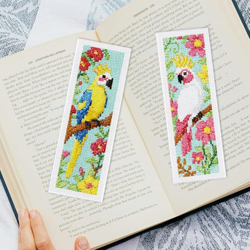 INFUNLY 6PCS Parrot Cross Stitch Bookmark Kits 3×8.5inch Bookmark Making Kit for Beginners Birds DIY Stamped Embroidery Bookmarks with Instruction for Book Lovers Reader Writers - style: Parrot