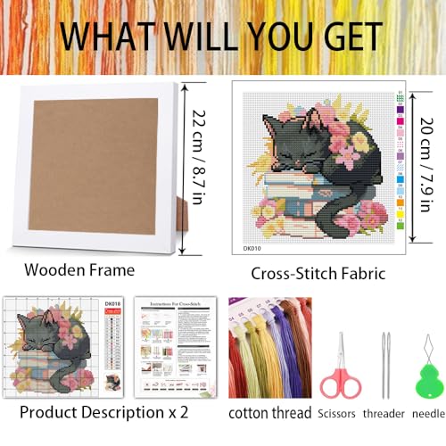 Black Cat Stamped Cross Stitch Kits for Adult Beginner with Wooden Frame - color: Black Cat Flowers