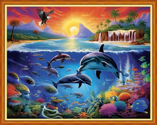 Dooxvey Cross Stitch Kits for Adults Beginners - Full Range of Stamped Kits - 11CT Cross Stitch Patterns - Dolphin Underwater World - 16x20 inch - color: Artpattern10