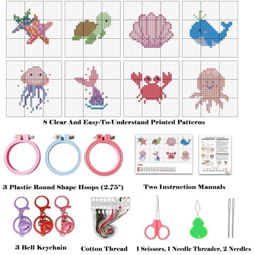 VIGEGU 8 Pack Stamped Cross Stitch Kits for Kids Beginners with Frame - color: Ocean Animal