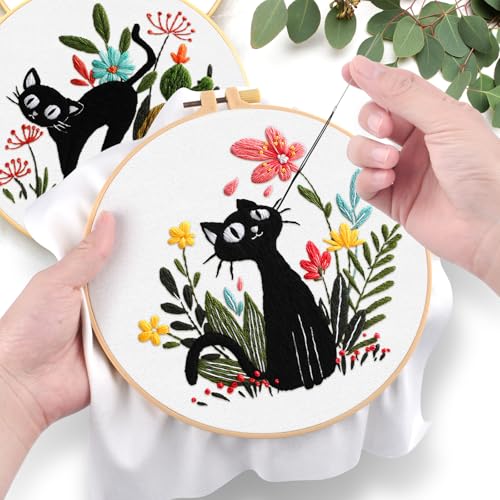 ERKOON 5 Sets Embroidery Kit for Beginners Adult Cat Cross Stitch - color: Black Cat