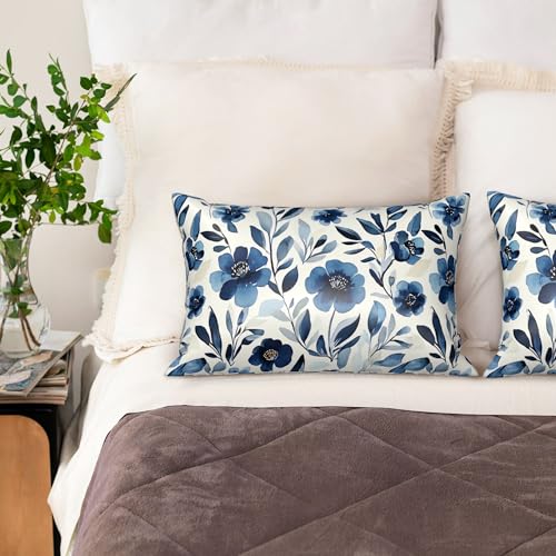 Satin Pillowcase for Hair and Skin Watercolor Blue Flowers and Leaves Super Soft and Cooling Similar to Silk Pillow Case 1 Pack with Hidden Zipper Silky Soft Zippered Satin Pillowcase20 x30 - color: Watercolor Blue Flowers and Leaves