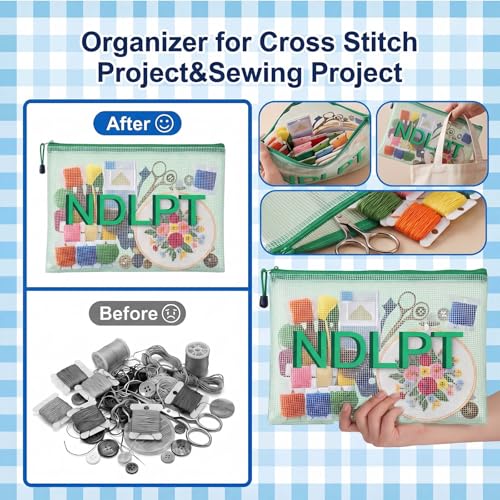 Sabary 2 Pcs Needlepoint Project Bag Clear Mesh Zipper Organizer, Green - color: Green