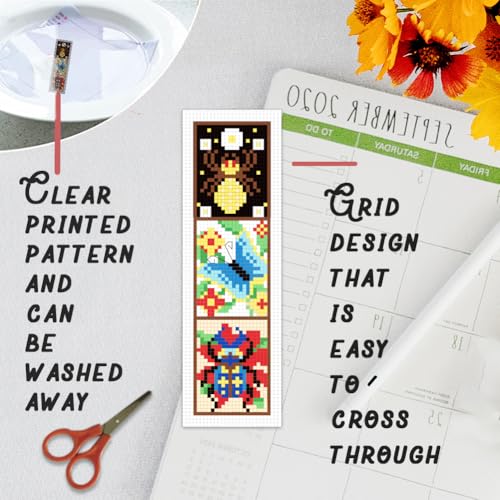 BEUNITONE 6 Pcs Insects Cross Stitch Bookmark Kits for Beginners Bookmark with Butterflies Dragonflies Pattern Counted Cross Stitch DIY Stamped Embroidery with Instructions for Book Lover 8''x2.4'' - style: Triple Grid Mixed