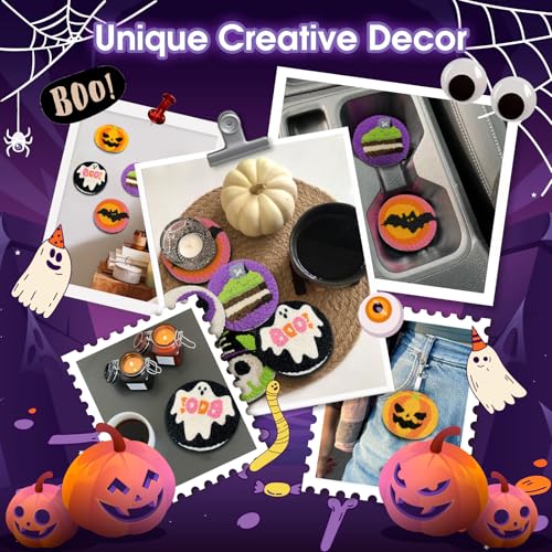 yuegool 6PCS Halloween Punch Needle Coasters Kit – Easy DIY Embroidery Kit for Beginners, Adults & Kids | Includes Patterns, Tools, Yarns, Hoop, Instructions, Coaster Holder - color: Enchanted Oddities, size: 4-inch diameter