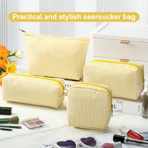 Sanwuta 4 Pcs Seersucker Pouch Striped Makeup Bag Set, Yellow - color: Yellow