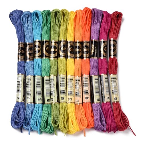 12 Skeins 12 Colors 6-Ply Polyester Embroidery Floss Cross Stitch Threads Gradient Color for Jewelry Making Bracelet Stitching Craft Supply 0.5mm,Rainbow Color - color: 12 Skeins,rainbow Color