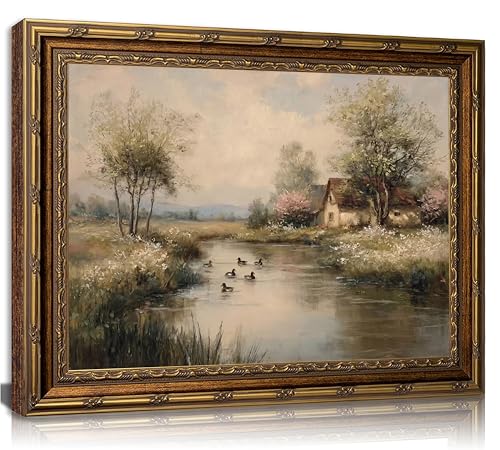 Gold Framed Vintage Cottage Canvas Wall Art Farmhouse French Country Duck Pond Landscape Painting Pictures Wall Decor Posters Prints Artwork for Bedroom Gallery Office Home Decoration - color: Pond, size: 16"L x 12"W