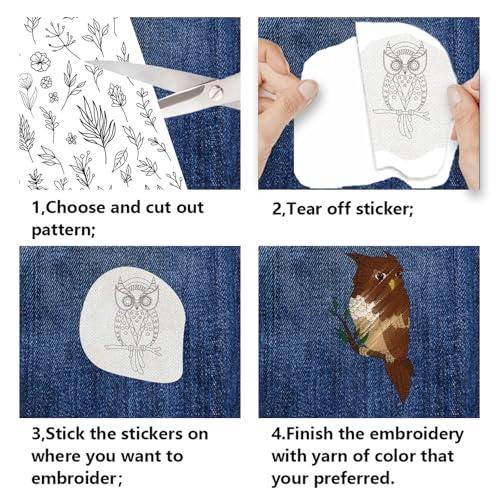 4 Sheets Water Soluble Hand Sewing Stabilizers 11.69x8.27 Inches Owl and Flower Stick and Stitch Embroidery Paper Adhesive Embroidery Transfer Paper for Shirts Coats Bags - style: Owl and Insect