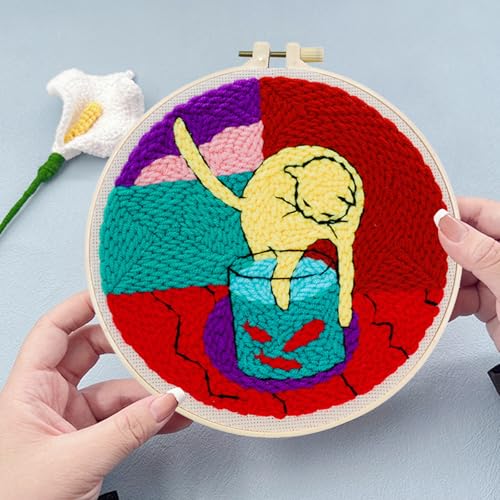 Woohome Punch Needle Kit Included Plastic Hoops, Punch Needle Cloth, Color Yarn and Punch Needle Tools for Adults, Beginners (Cat and Vase) - color: Color 23