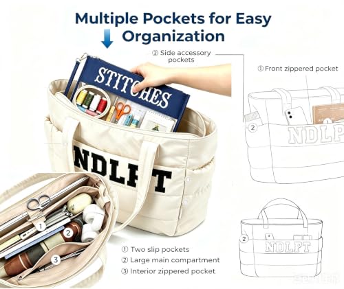 RF REENFAYA Needlepoint Tote Bag & Clear Zipper Pouch—Puffy Craft Organizer - color: Beige/Navy