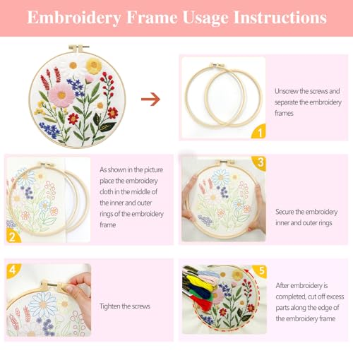 Zhenqing 4-Piece Floral Embroidery Kit for Beginners - Complete Set with Sunflower, Daisy Designs & Pre-Printed 29x29cm Cotton Fabric, Hoop, Threads & Tools(C0166) - color: C0166