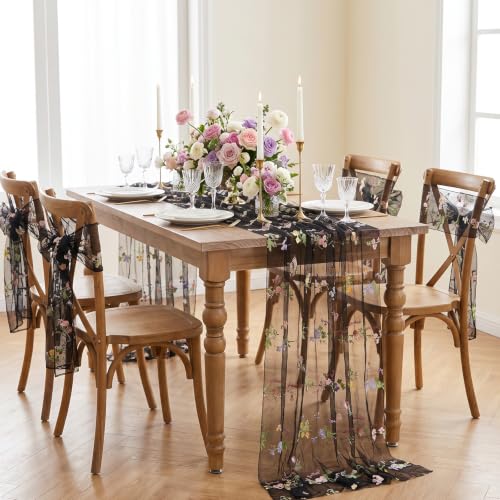 Black Floral Gauze Table Runner 10ft Embroidery Tulle Spring Wildflower - color: Black, size: 27"x120",1pc