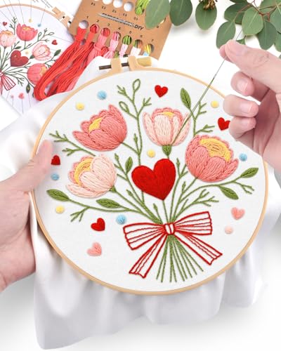 ERKOON Embroidery Kit for Beginners Adult, Flower Cross Stitch Set Include Embroidery Cloth Hoops Threads for Craft Lover Hand Stitch with Embroidery Skill Techniques (Bouquet) - color: Bouquet