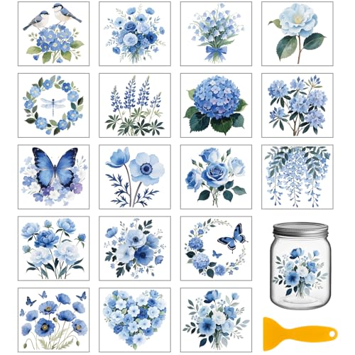 GLOBLELAND 18 Sheets Blue Flowers Rub on Transfer Stickers 3.9x3.6inch Lily of The Valley Hydrangea Rose Peony Cup Wraps Decals Butterfly Transfer Stickers for Crafts Glass Bottle Vase Decor - style: Blue Flowers