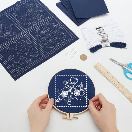 FREEBLOSS 4 Set Sashiko Coasters Kit with Instructions Cherry Blossoms
