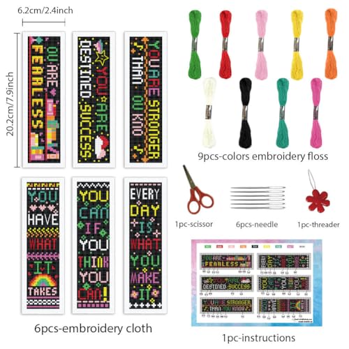 INFUNLY 6Pcs Inspirational Words Cross Stitch Bookmark Kits 8"x2.4" DIY Encourage Texts Embroidery Bookmark Kits for Beginners with Instruction Motivational Bookmark Making Kit for Students - style: 6Pcs Inspirational Words