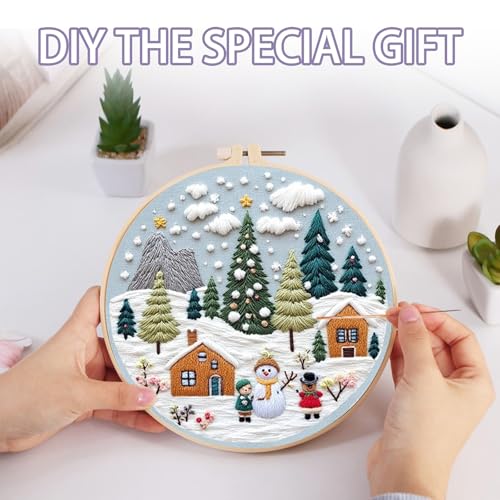 Offizon Christmas Embroidery Kit for Beginners, 2 PCS Starter Cross Stitches, Winter Night Santa Handicrafts, Merry Chistmas - color: Christmas Snow