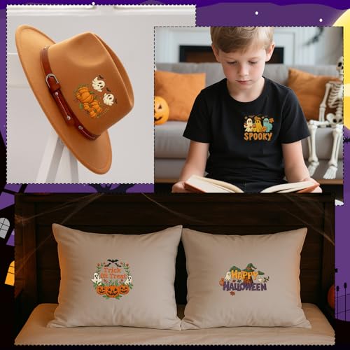 Rngmsi Water Soluble Embroidery Patterns - 4 Sheets Halloween Stick and Stitch Embroidery Designs, Spooky Pumpkin Ghost Skull Bat Theme Wash Away Transfer Paper Stabilizers for Hand Sewing - color: Halloween Spooky Pumpkin