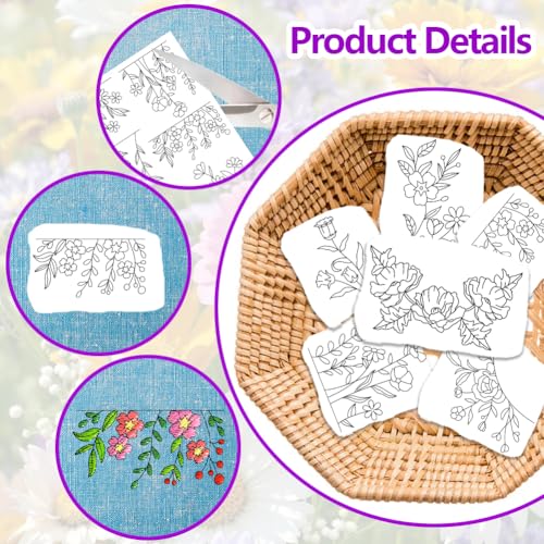 ORIGACH 4 Sheets Water Soluble Neckline Embroidery Patterns Stabilizers - Pre-Printed Floral Patterns Designs - Stick & Stitch Embroidery Paper for Hand Sewing Lovers - color: Floral