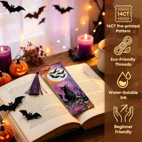 14CT Halloween Stamped Cross Stitch Bookmark Kit for Beginner Adults Crafts - color: SQJ006-01