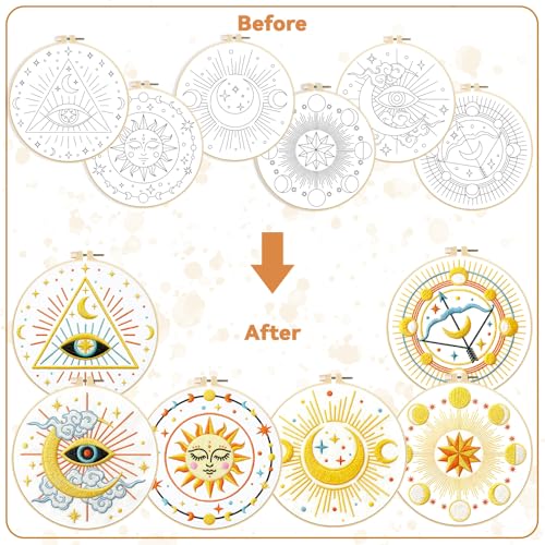 BEUNITONE 6Set Tarot Embroidery Kit for Beginners with Dreamy Pre-print Patterns, DIY Craft Kits for Adults Women with Embroidery Hoops and Full Kits, Needlepoint Kits for Home Decor and Gifts 20x20cm - style: Tarot