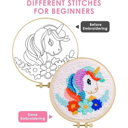 Punch Needle Kit for Beginners Adults-Rainbow Horse,with Video Tutorial - color: Punch Needle kit with-1218-3