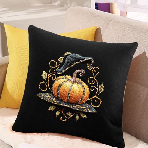 FONNUY Pumpkin Embroidery Kit for Beginners, Pre-Stamped Pattern Kits for Adults with Hoop, Easy to Follow Color Thread Needlework, 8'' Hoop (Witch Hat 2) - color: Witch Hat 2