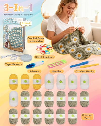 Coopay Crochet Kit for Beginners, Granny Square Crochet Blanket Kit, Camel - color: Camel - Daisy