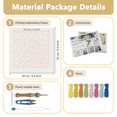 DOODLREAM Colorful Flowers Punch Needle Kit for Beginner 9.4" x 9.4" - color: Flowers