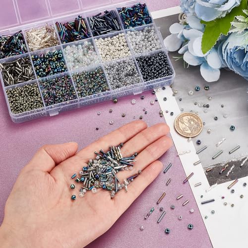 PH PandaHall 5177pcs Black Seed Beads 15 Styles Glass Bugle Beads Small Mini Beads Twisted Beads Waist Beads Friendship Craft Beads for Friendship Bracelet Making Beading Weaving 2/3/4mm - color: Blue Black