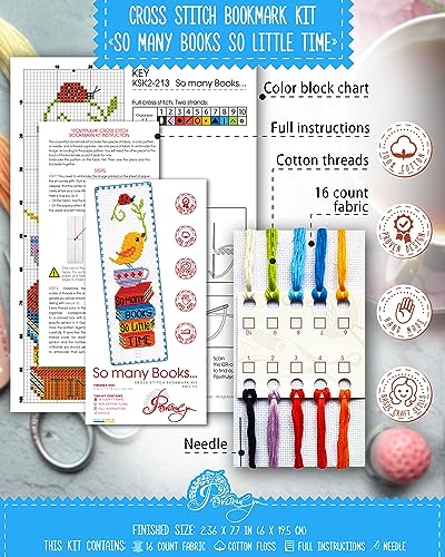 Povitrulya So Many Books So Little Time - Counted Cross Stitch Kit for Adults - Embroidery Set with Funny Inspirational Quote, Gifts for Reader, Book Lover, Writers - color: So many books