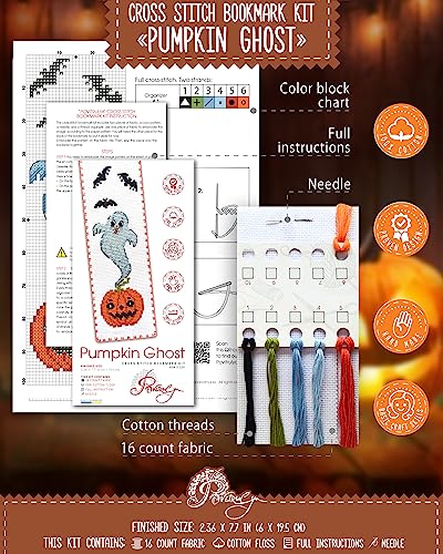Povitrulya Counted Cross Stitch Bookmark Kit 'Pumpkin Ghost' - DIY Embroidery Set for Adults - color: Ghost
