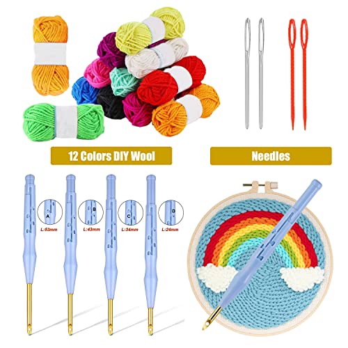 Allazone Embroidery Kit - 17 Pcs with 3 Plastic Hoops, 3 Punch Needles, 12 Colors, Big Eye Needles & Threaders - color: 3 PCS Plastic Hoops