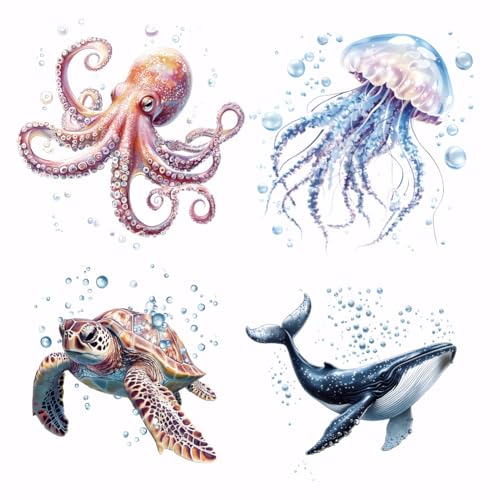 SUPERDANT 4PCS Marine Animals Iron on Transfer Paper Octopus Turtle Jellyfish Whale DIY Heat Transfer Sticker Washable Iron-on Decals for T Shirts DTF Transfers Ready to Press for Clothing Hoodie - style: Marine Animals