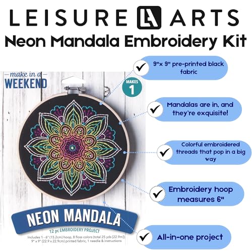 Leisure Arts Embroidery Kit 6" Neon Mandala- cross stitch kits for beginners - embroidery kit for beginners - embroidery kits for adults - embroidery kits for adults